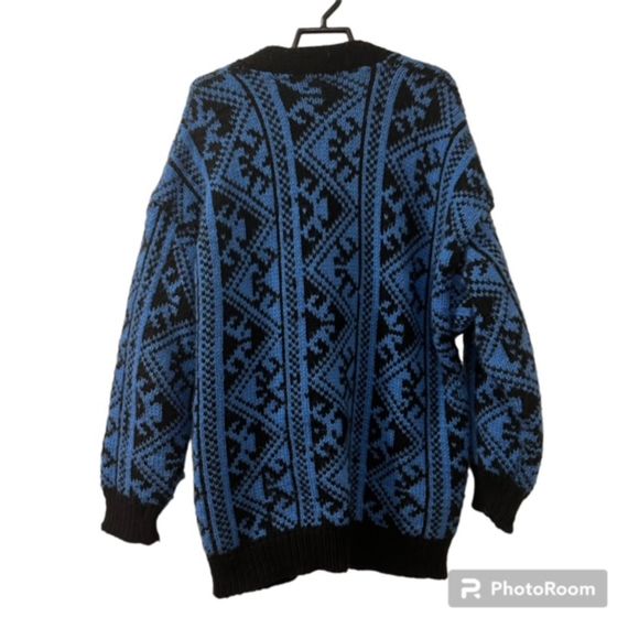 Womens Blue Black Aztec Tribal Pattern Knit Cardigan Sweater Pockets Sz LG/XL - Picture 2 of 10